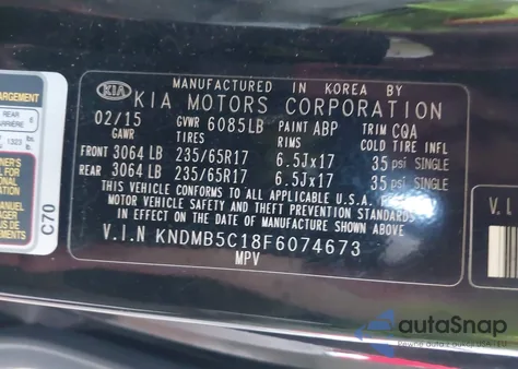 2015 Kia Sedona Lx from USA, damaged, VIN KNDMB5C18F6074673